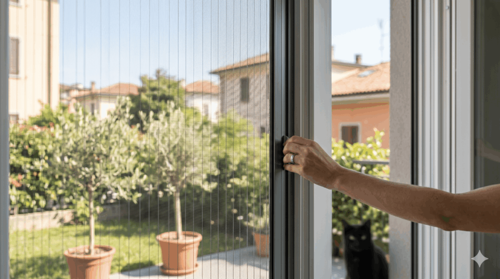Zanzariera a rullo anti-polline moderna installata su una porta-finestra in un appartamento a Brescia.