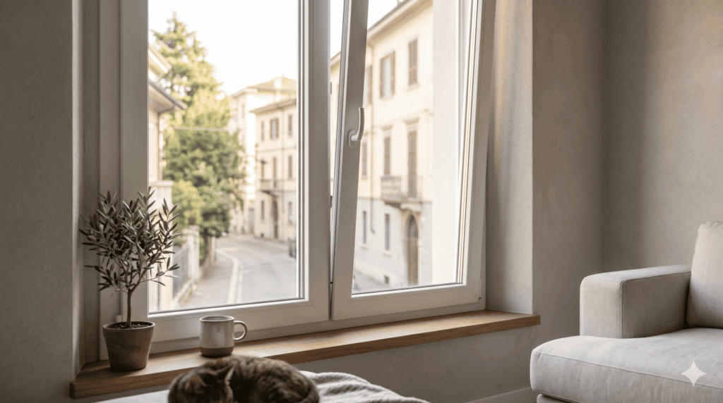 Finestra in PVC bianco ad alta efficienza energetica installata in una casa a Brescia, quartiere Carmine.