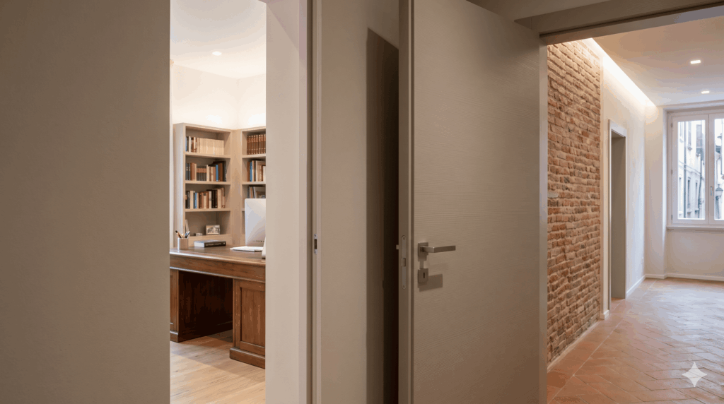 Moderno sistema di porte interne filomuro di design installate in un appartamento ristrutturato a Brescia.
