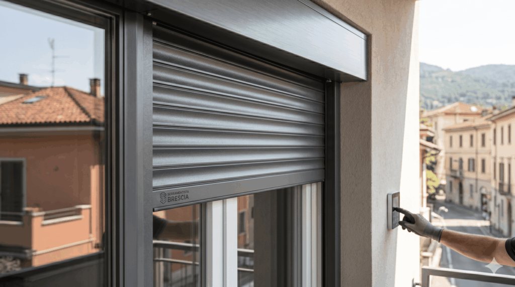 Tapparelle in alluminio grigio antracite motorizzate con sistema domotico installate su una finestra moderna a Brescia.