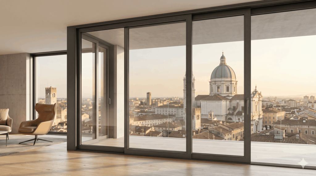 Grandi vetrate scorrevoli in alluminio con vista sul Duomo Nuovo di Brescia.
