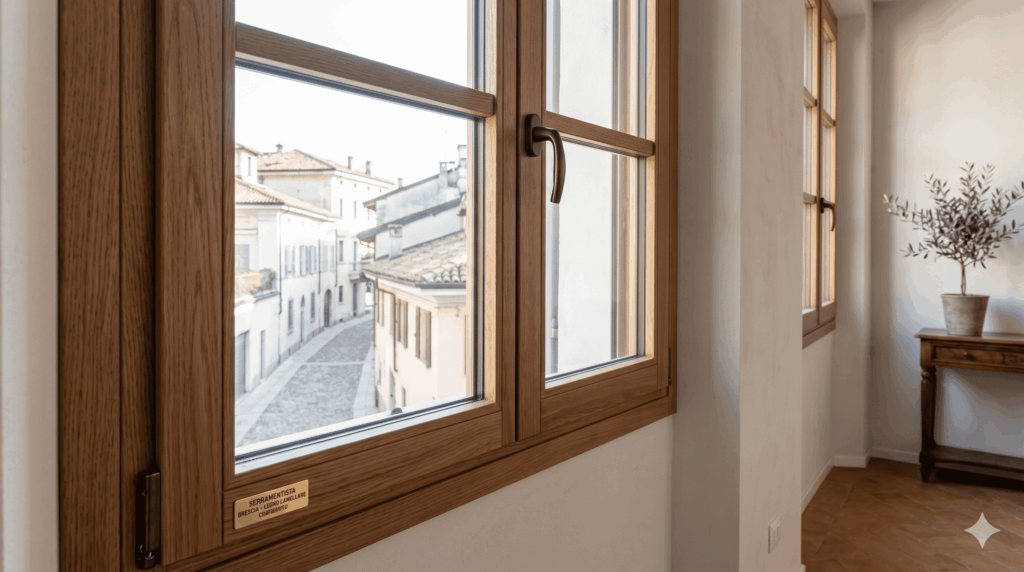 Elegante finestra in legno lamellare Rovere certificato con ferramenta tradizionale installata in un appartamento storico a Brescia.